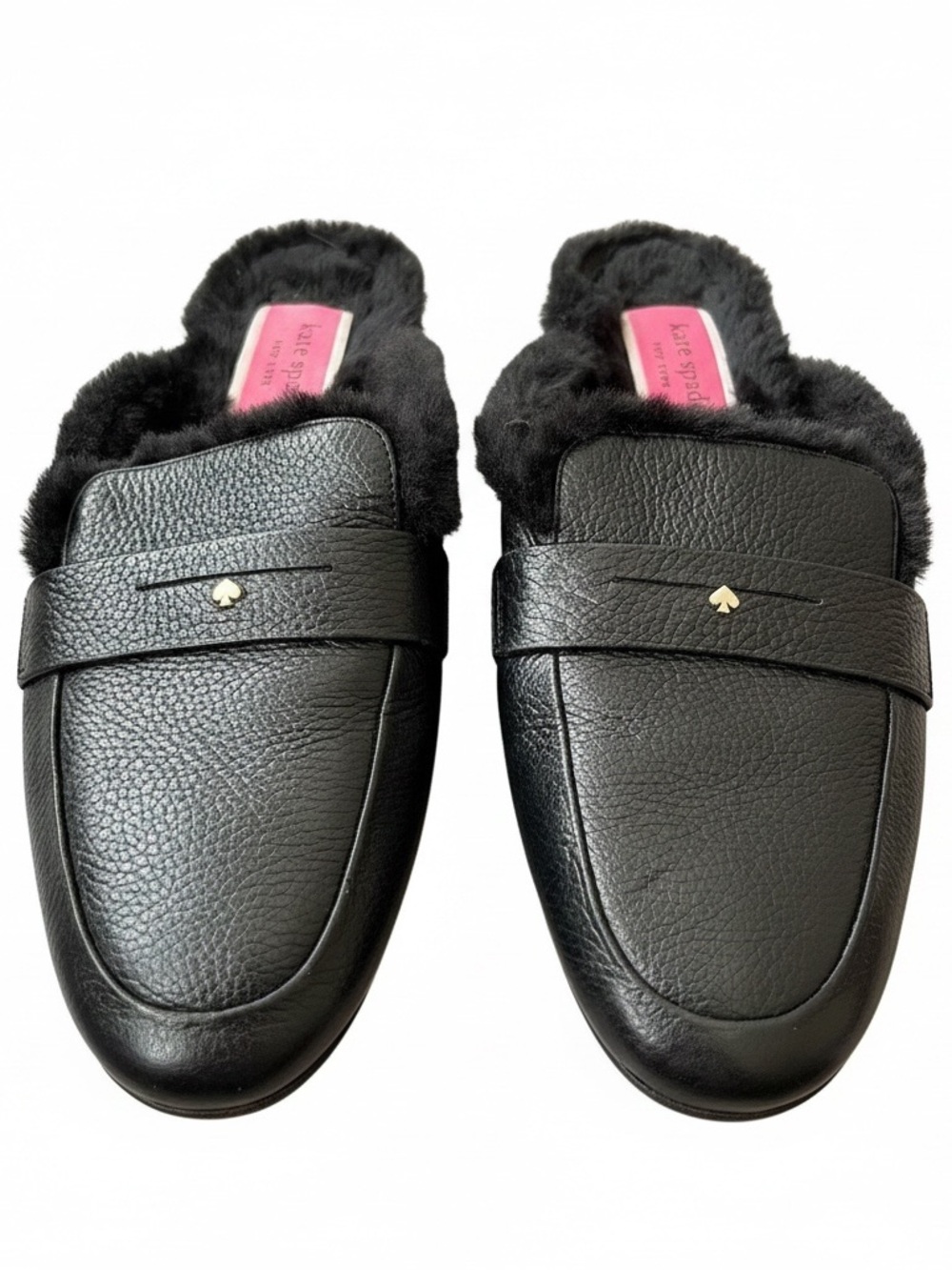 kate spade Black Pebbled Leather Fur-Lined Penny Mules